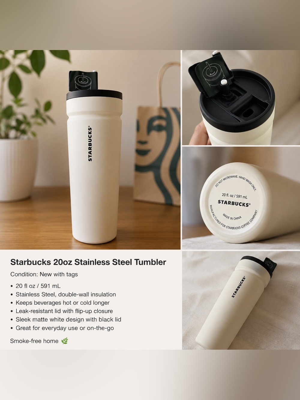 Starbucks White Stainless Steel Tumbler 20 oz with Black Flip Lid